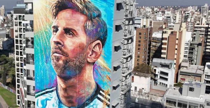 Mural de Messi em Rosário é restaurado e atualizado com as três estrelas da Copa Mural de Messi em Rosário é restaurado e atualizado com as três estrelas da Copa